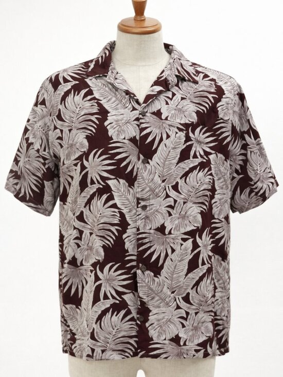 Campia Other - Campia Mens L Tropical Leaf Print Button Up Shirt Brown Cream Rayon Resort